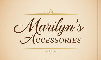Logo for Marilyn's Accessories in elegant brown script and serif font on a cream background, framed by gold flourishes.