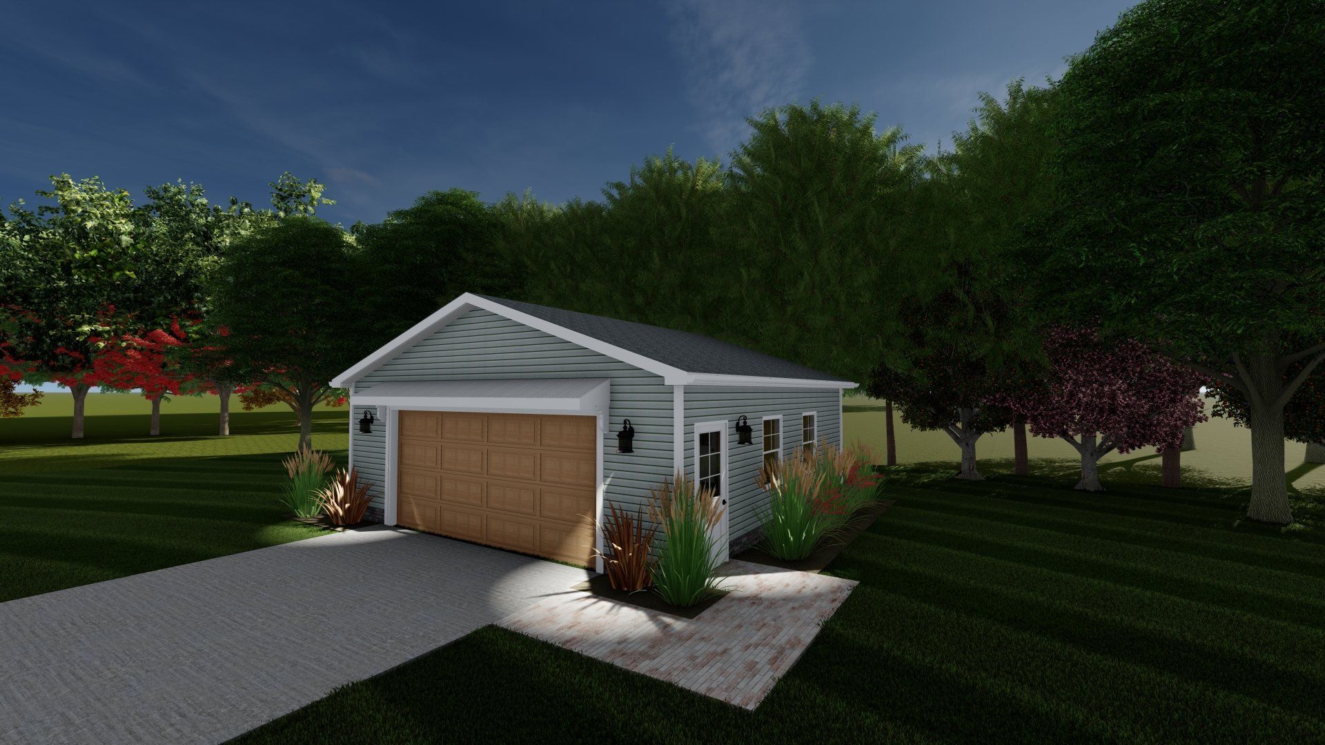 A 3d rendering of a garage with a wooden door surrounded by trees.