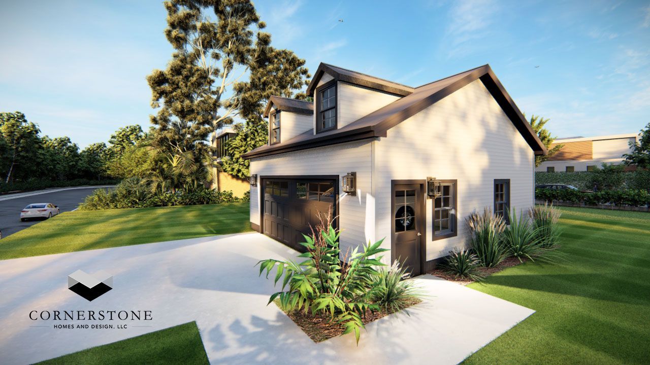 An artist 's impression of a small white house with a garage.