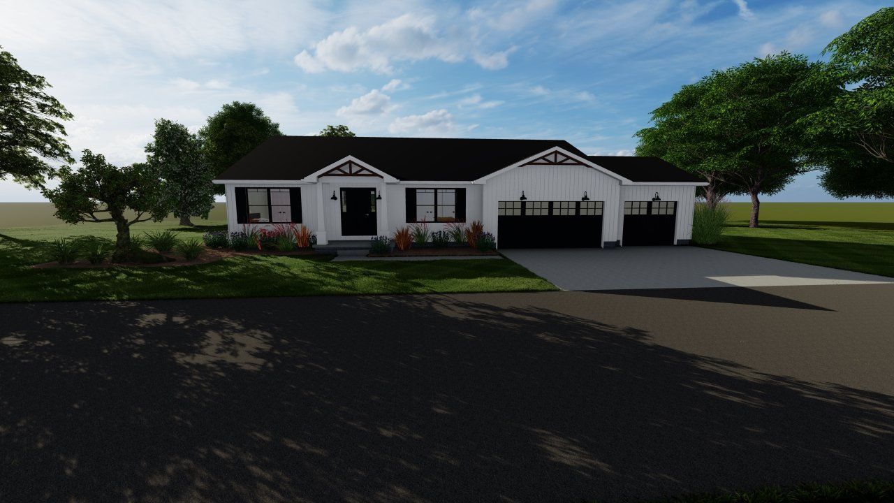 An artist 's impression of a white house with black trim