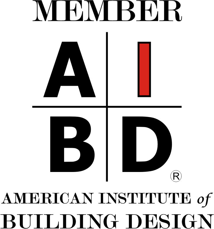 The logo for the american institute of building design is black and red.