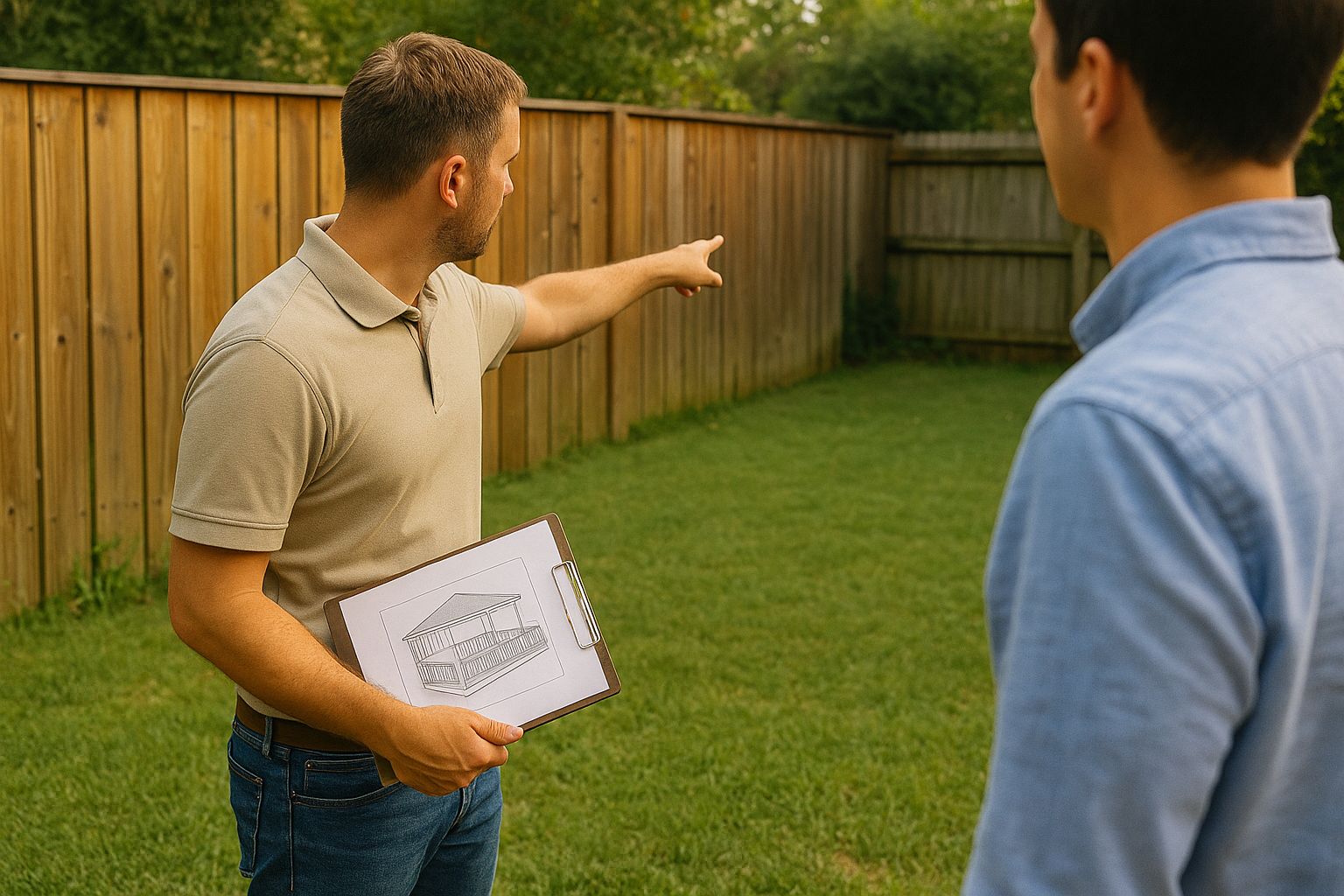 Man pointing at a backyard while another man observes, holding a clipboard with a drawing of a building.