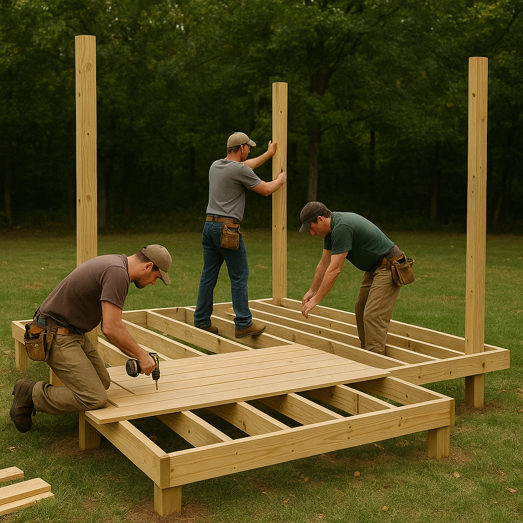 Three men constructing a wooden deck outdoors.