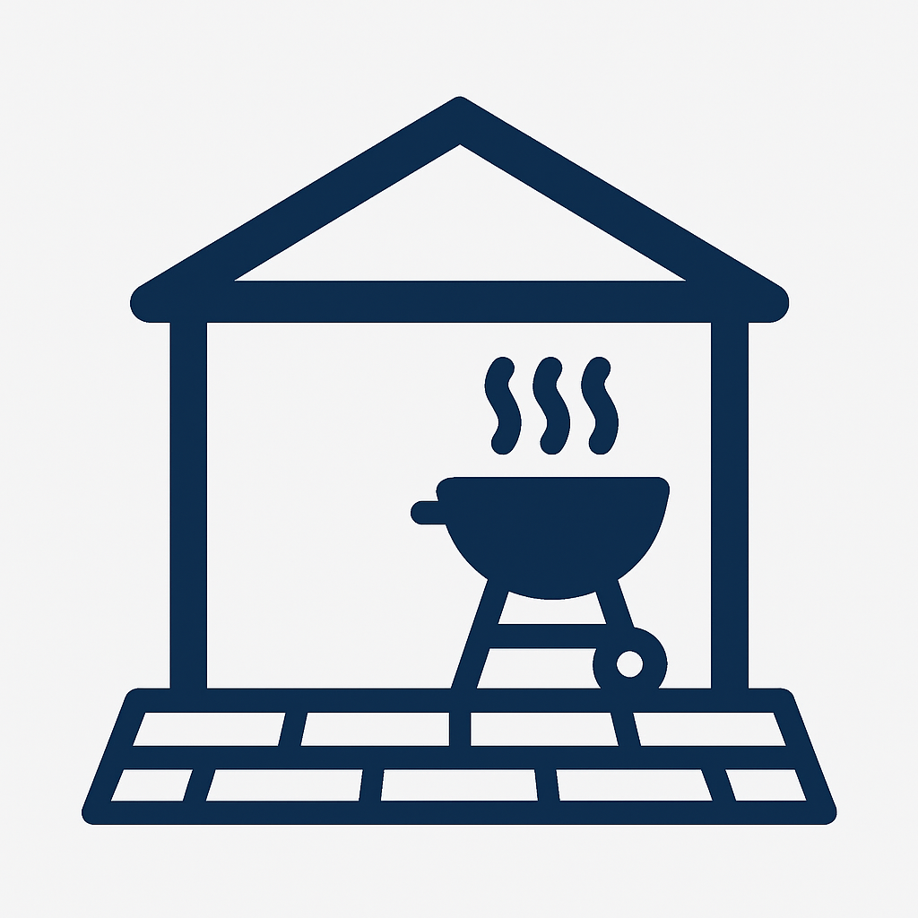 Blue grill and shelter with smoke, brick floor.