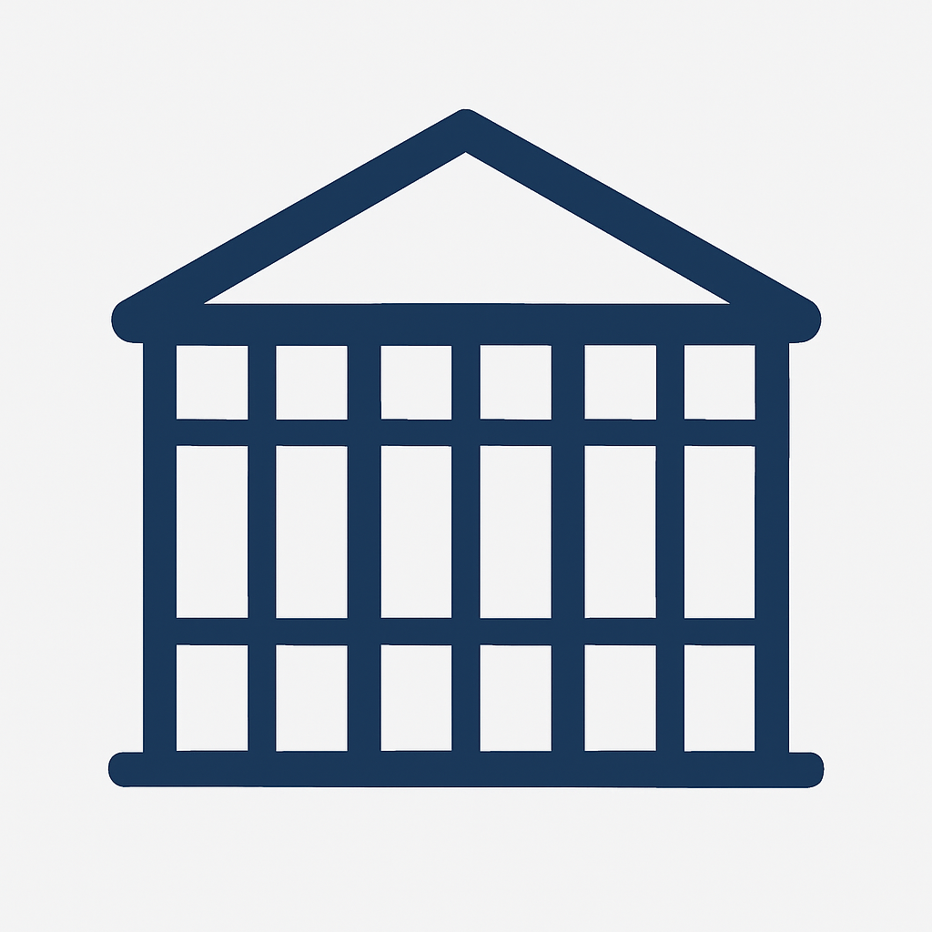 Blue icon of a building with columns and a triangular roof.