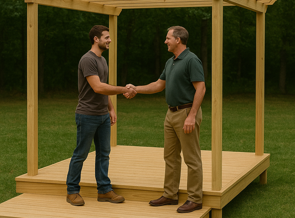 Two men shake hands on a wooden deck, smiling. Outdoors, greenery, and a pergola frame the scene.