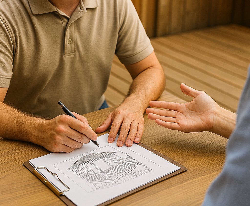 A man writing on a drawing while talking to another person, seated at a wooden table.