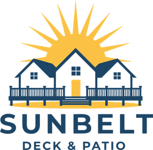 Logo: White houses, blue railing, yellow sun, blue text 