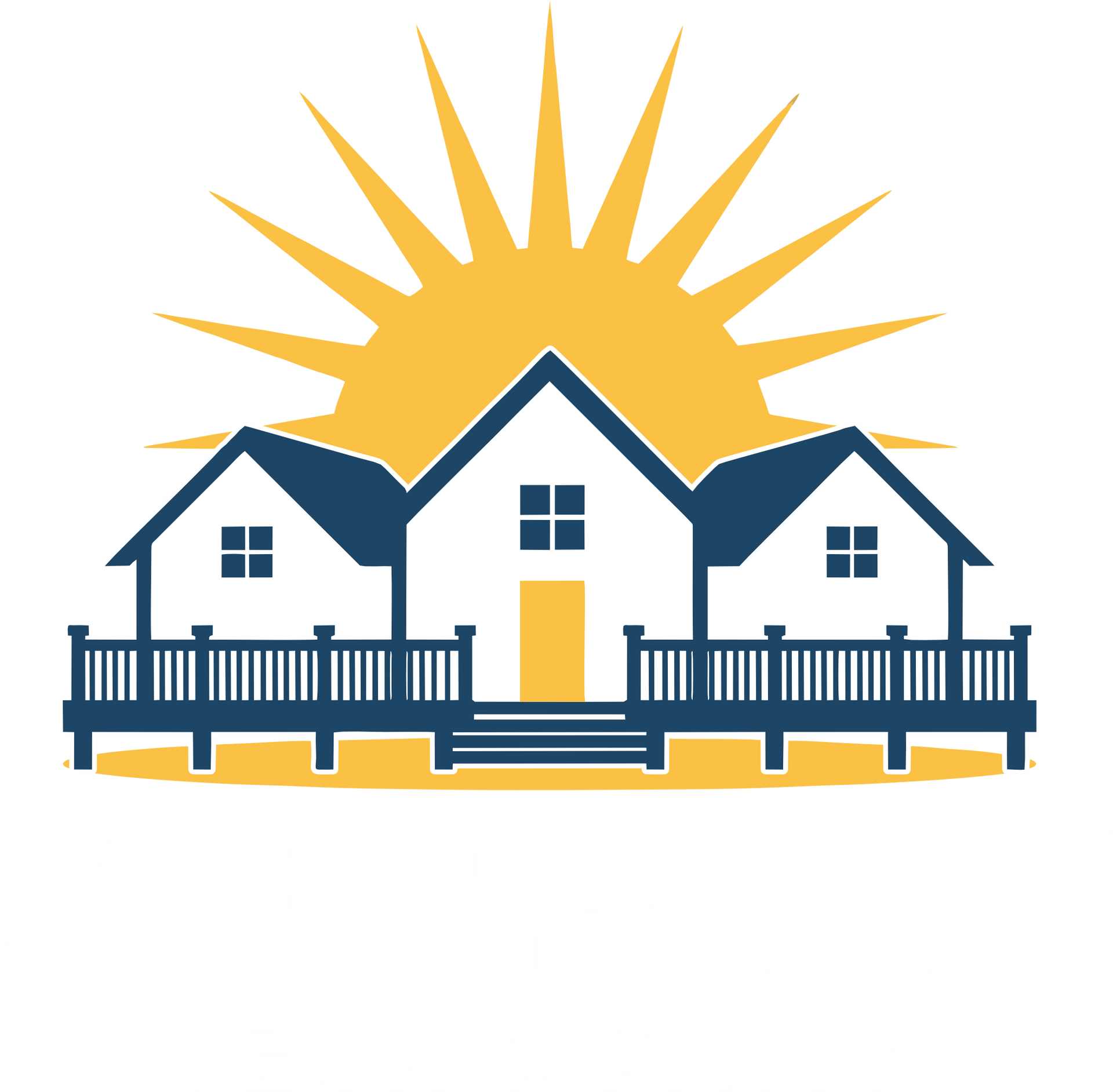 Houses with a yellow sunburst in the background; blue trim, yellow door, and white structure.