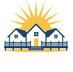 Houses with a yellow sunburst in the background; blue trim, yellow door, and white structure.