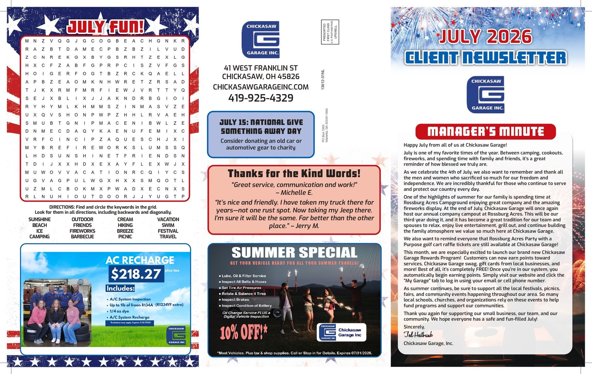 Newsletter Page 1 | Chickasaw Garage