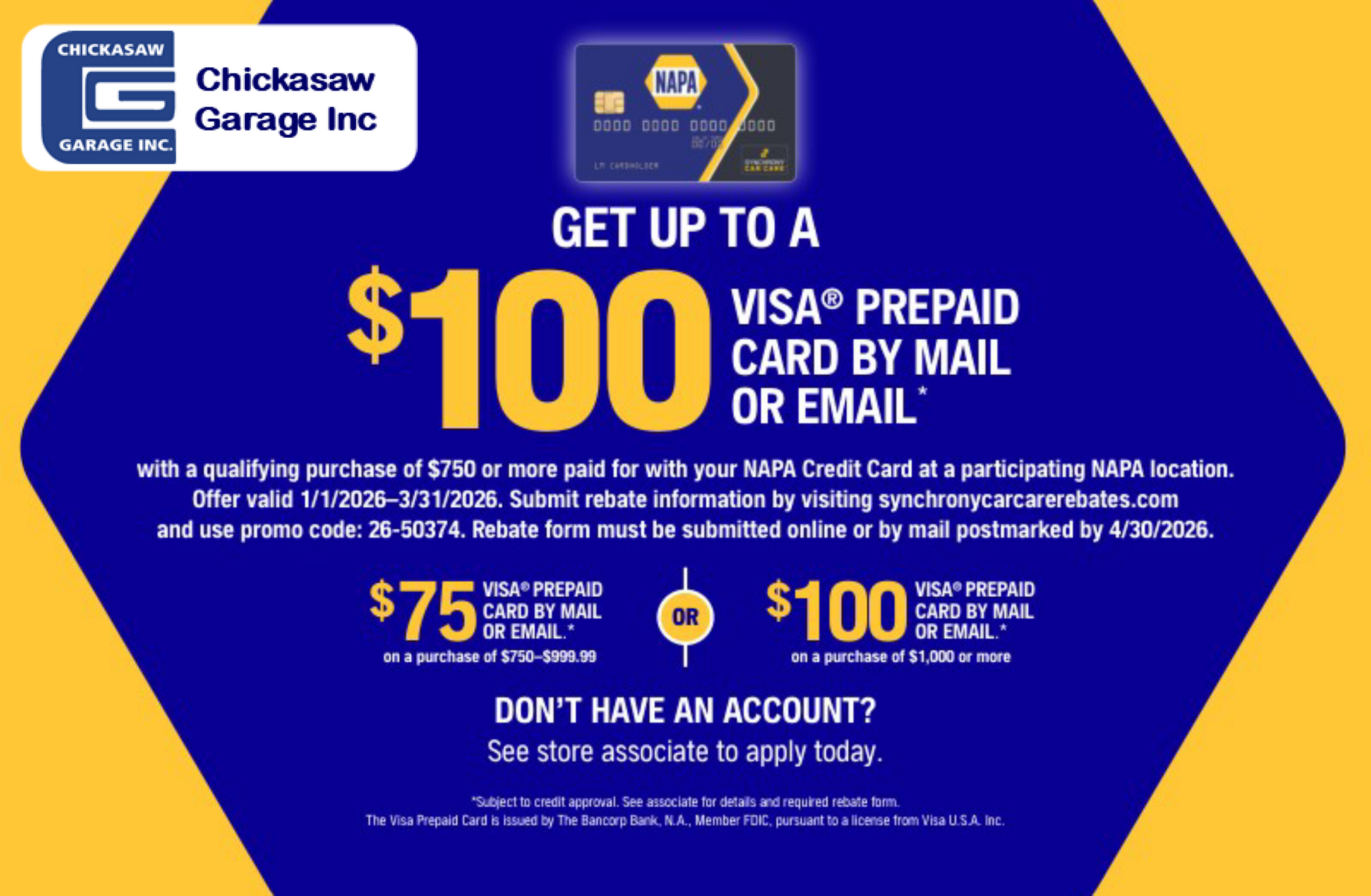 Advertisement for a $100 Visa prepaid card by mail or email from Chickasaw Garage Inc. Blue and yellow with text.