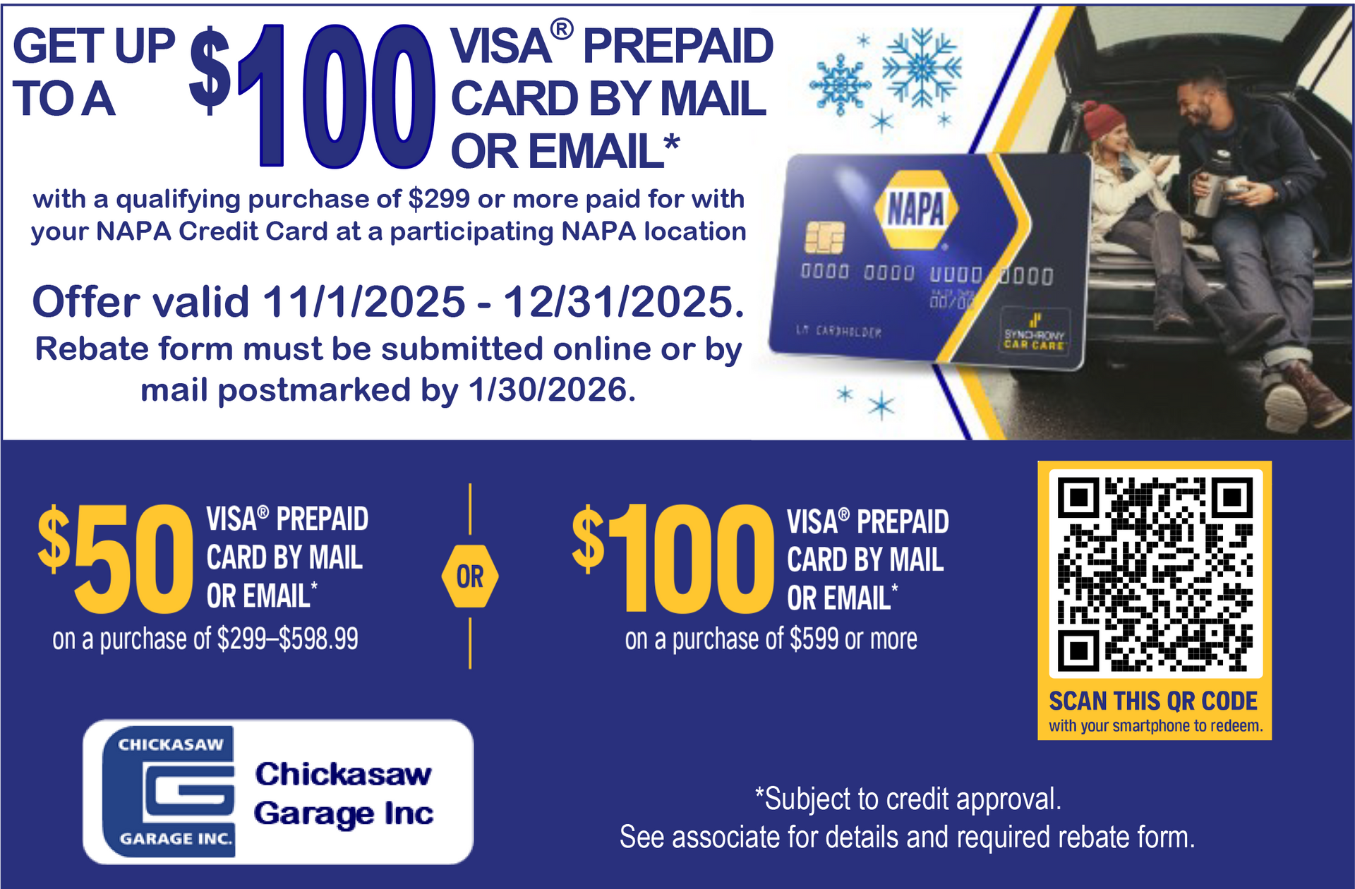 Advertisement for a Visa prepaid card: Get up to $100 back by mail/email with NAPA Credit Card purchases at participating locations (Nov 2025-Dec 2025). | Chickasaw Garage