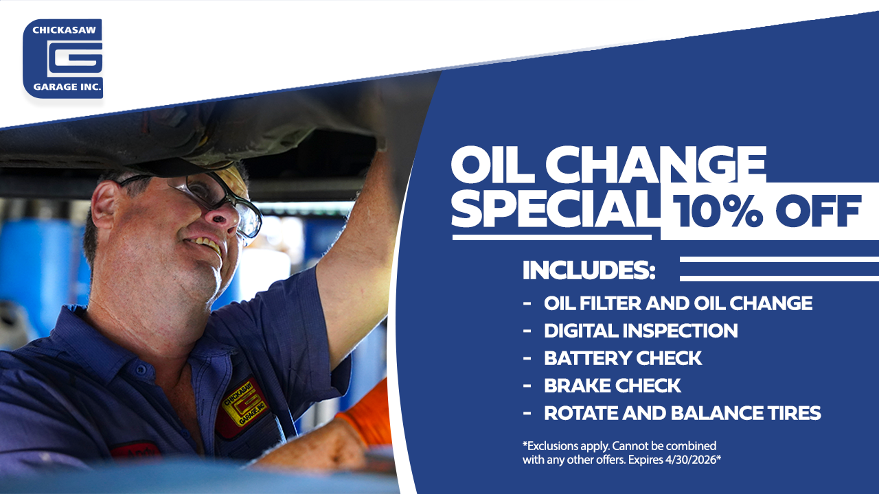 Advertisement for Chickasaw Garage, offering free brake pads or shoes with service. A girl holds a photo, supporting St. Jude Children's Research Hospital.