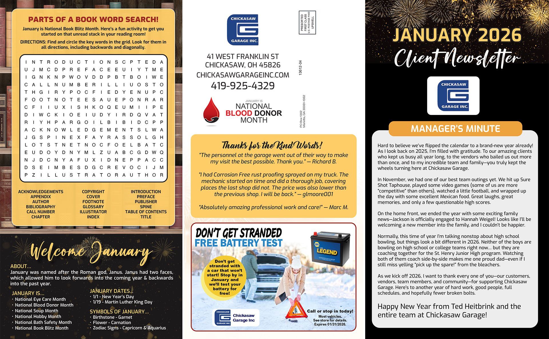 Newsletter, January 2026 | Chickasaw Garage