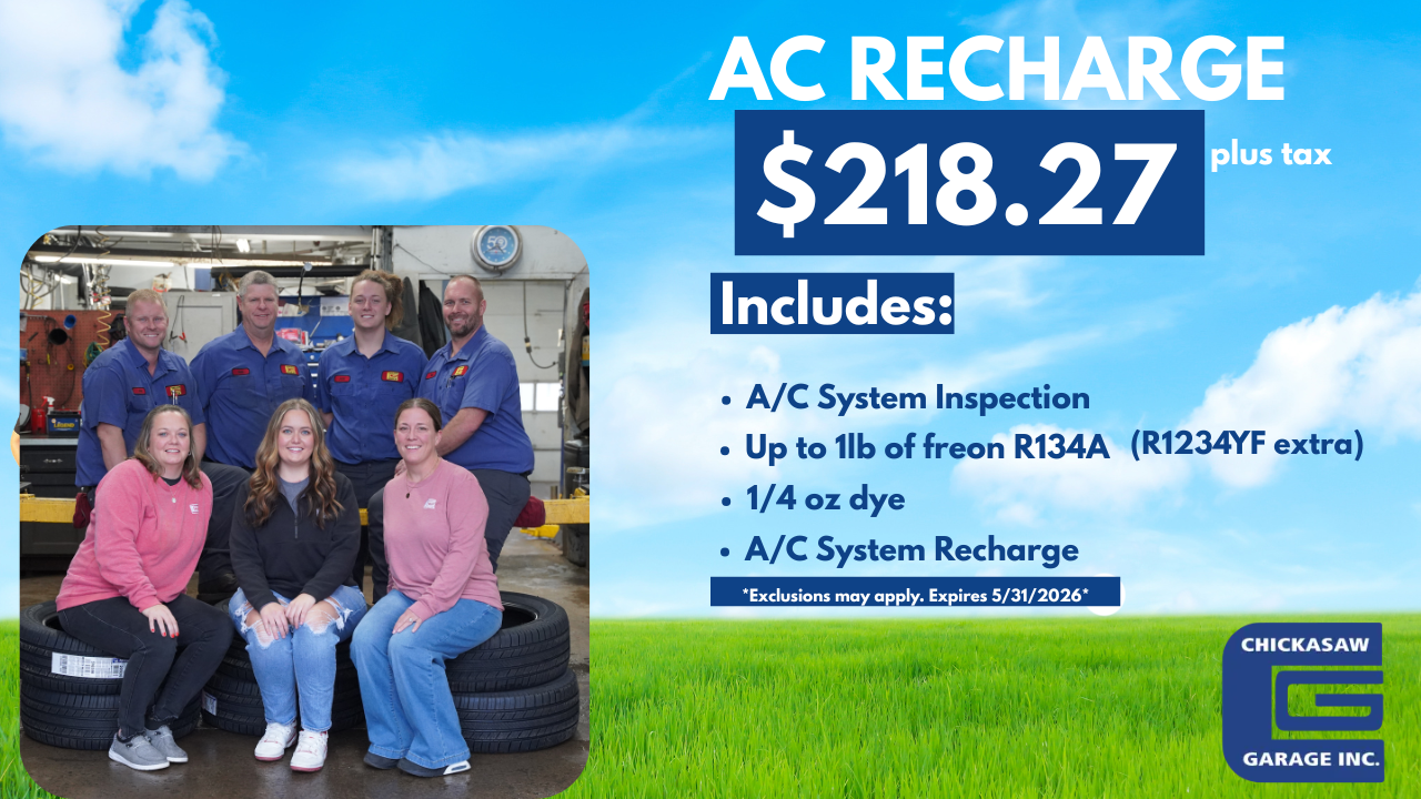 AC recharge ad with $218.27 price, service details, and a group photo beside a car