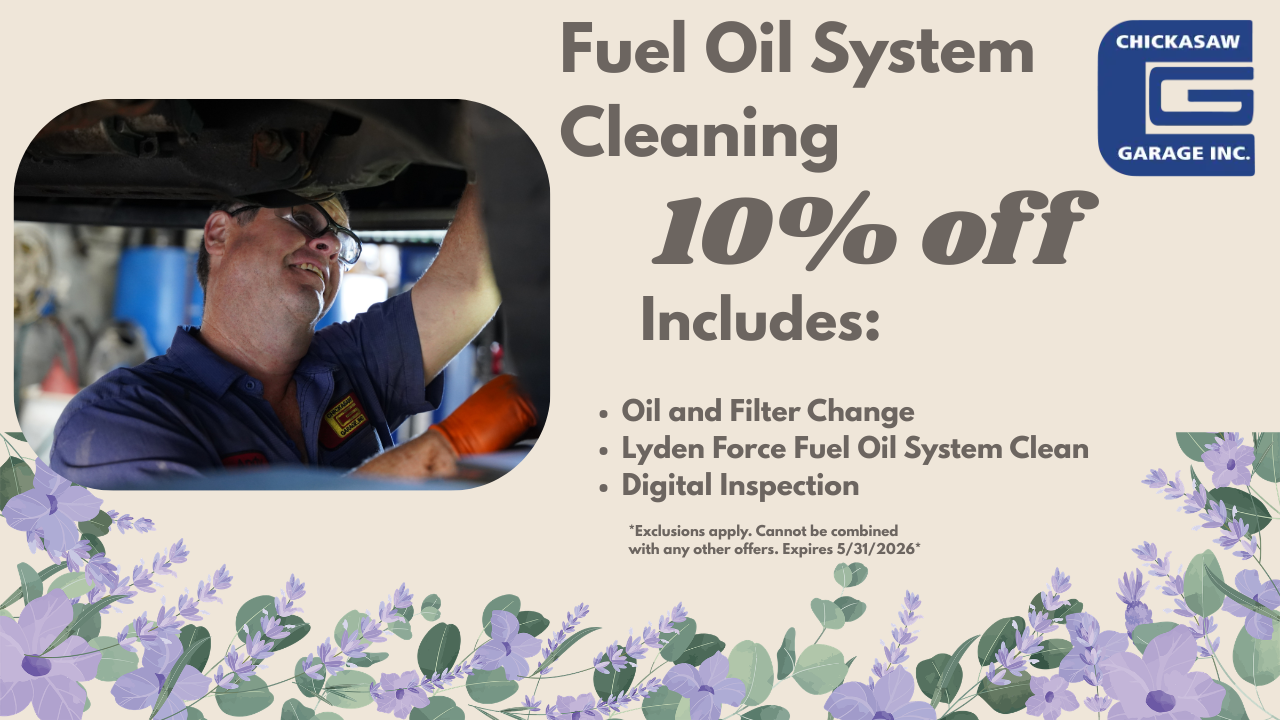Fuel oil system cleaning ad with mechanic in truck cab, 10% off, floral border and blue logo