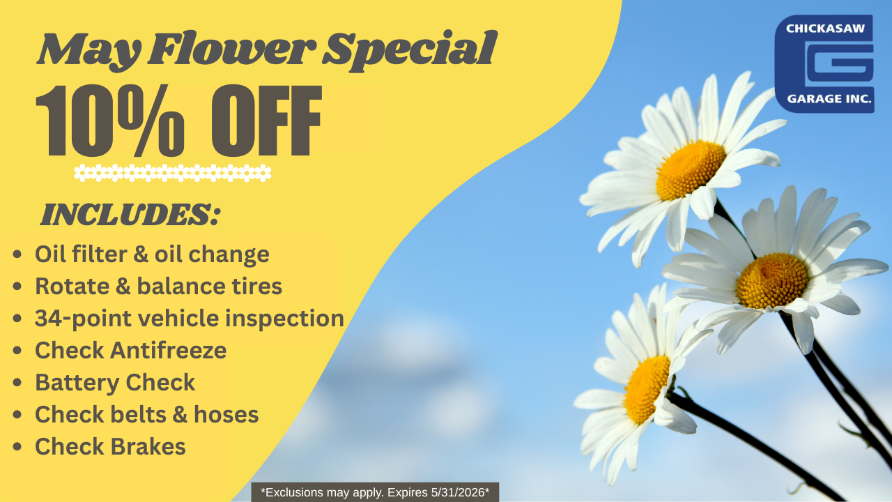 May Flower Special 10% off auto service ad with daisies on blue and yellow background