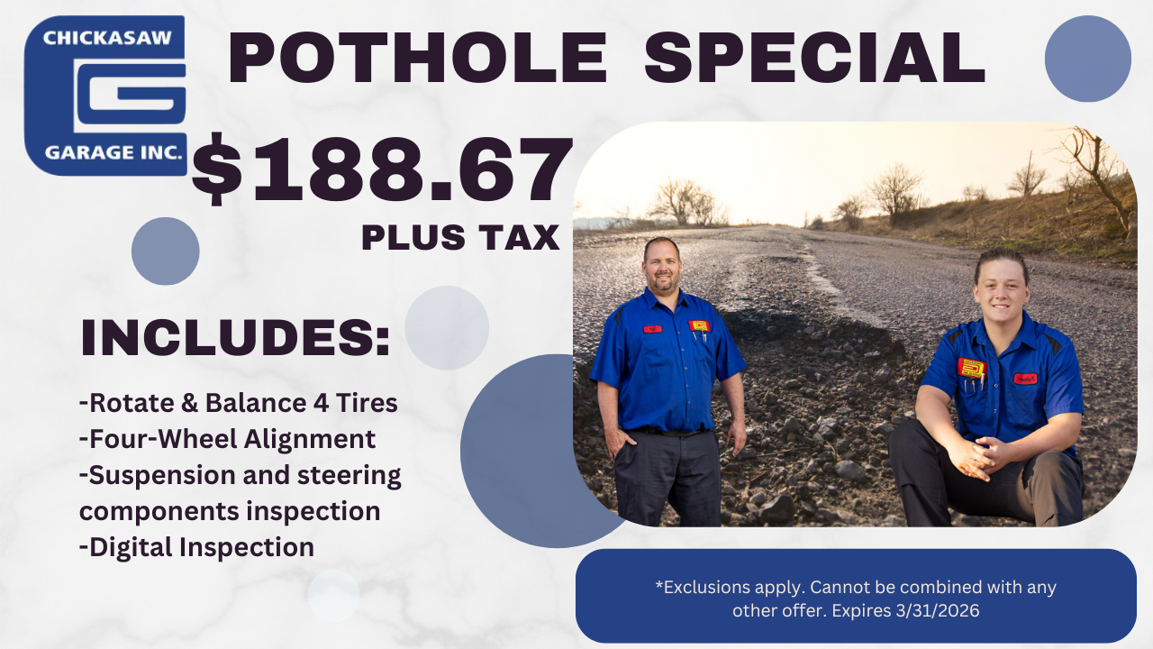 Garage promotion: $188.67 Pothole Special. Includes tire rotation, alignment, inspection. Two men in blue shirts, outdoor background.