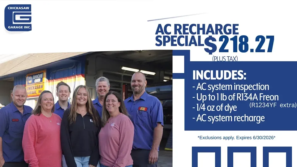AC recharge ad with $218.27 price, service details, and a group photo beside a car