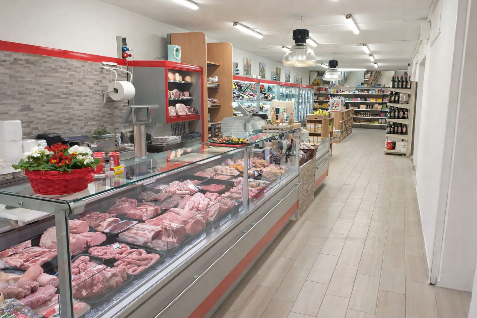 Interno di una macelleria con una lunga vetrina piena di carne cruda e, sullo sfondo, un corridoio adibito alla vendita al dettaglio.