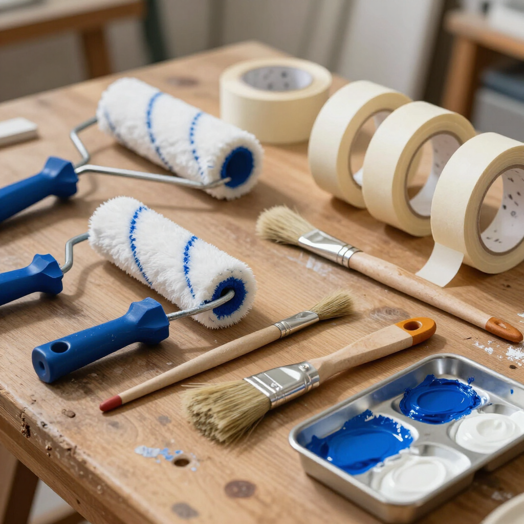 Rodillos de pintura, pinceles, cinta adhesiva y pintura azul sobre una mesa de madera para pintar la casa.