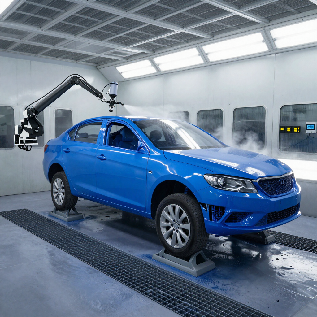 Sedán azul en una cabina de pintura automotriz con un brazo robótico aplicando pintura.