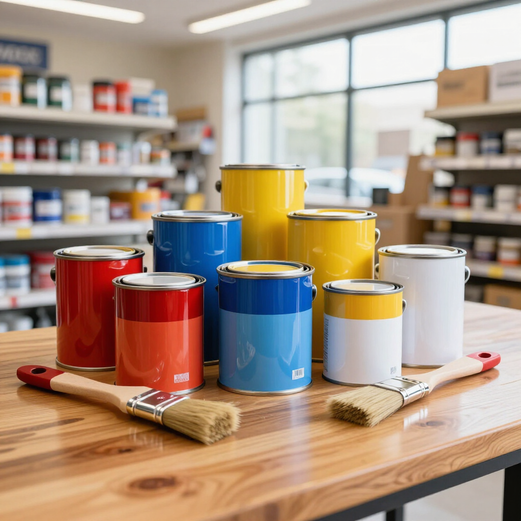 Latas de pintura de colores y pinceles dispuestos sobre una mesa de madera en una tienda de pinturas.