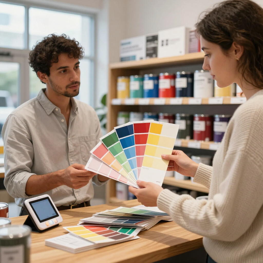 Dos personas comparan muestras de color en un mostrador de pintura en una tienda.