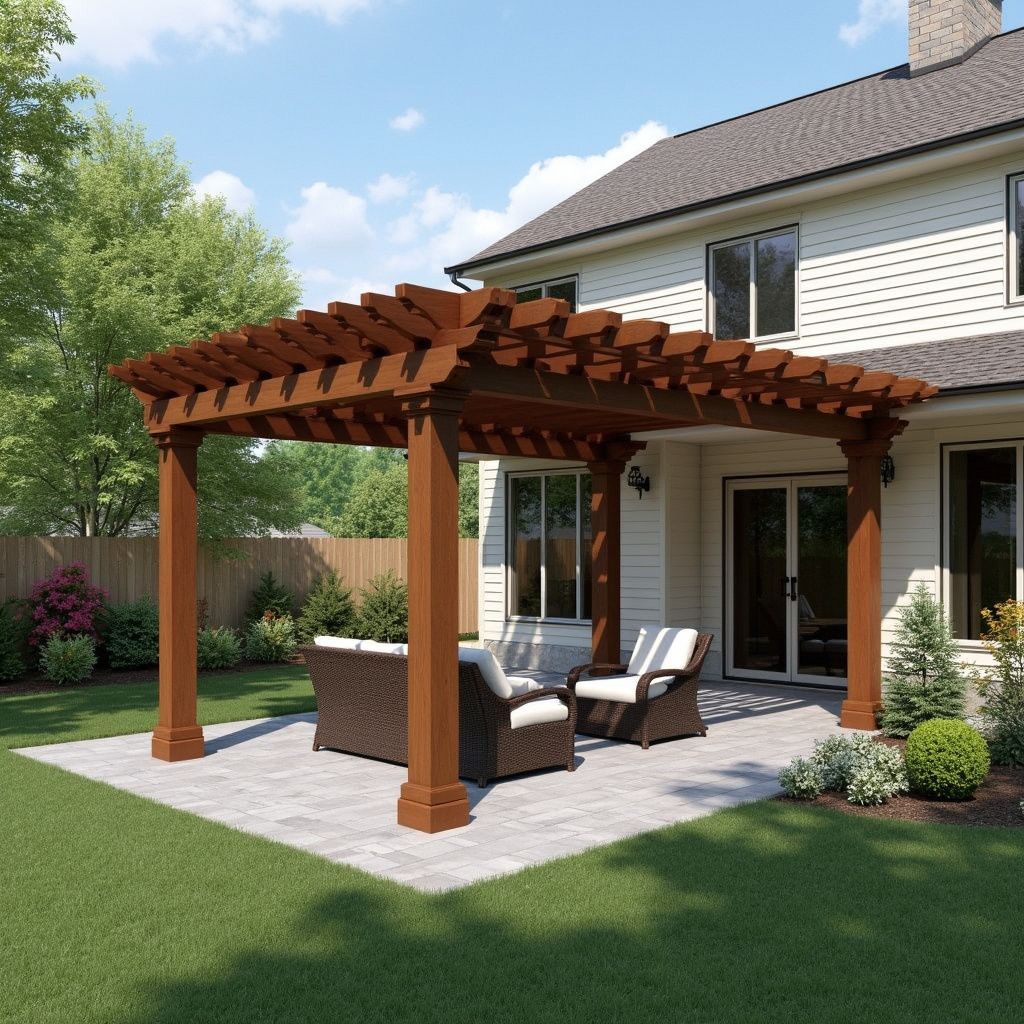 Wooden pergola with ceiling fan and patio furniture designed for Houston's climate.