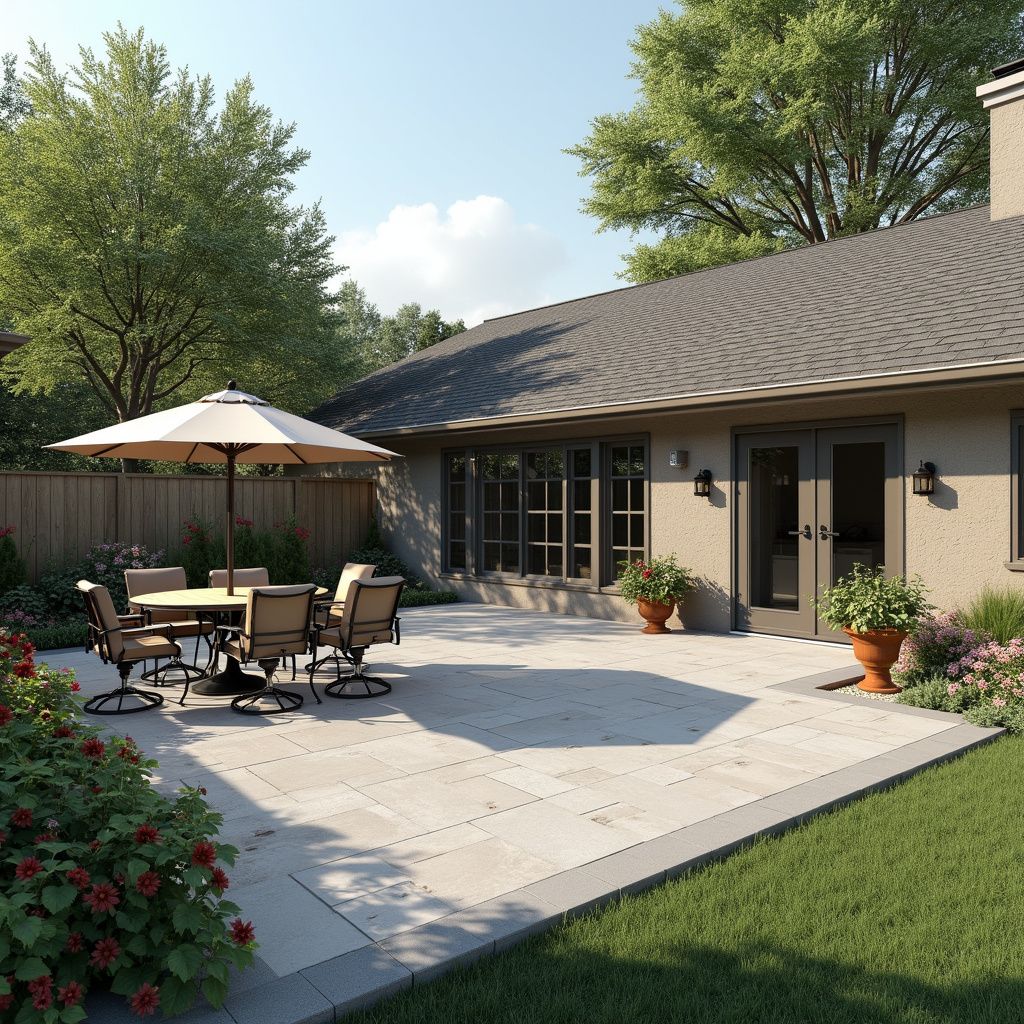 Patio with a table, chairs, and umbrella, next to a house with a door and garden in Porter, TX.