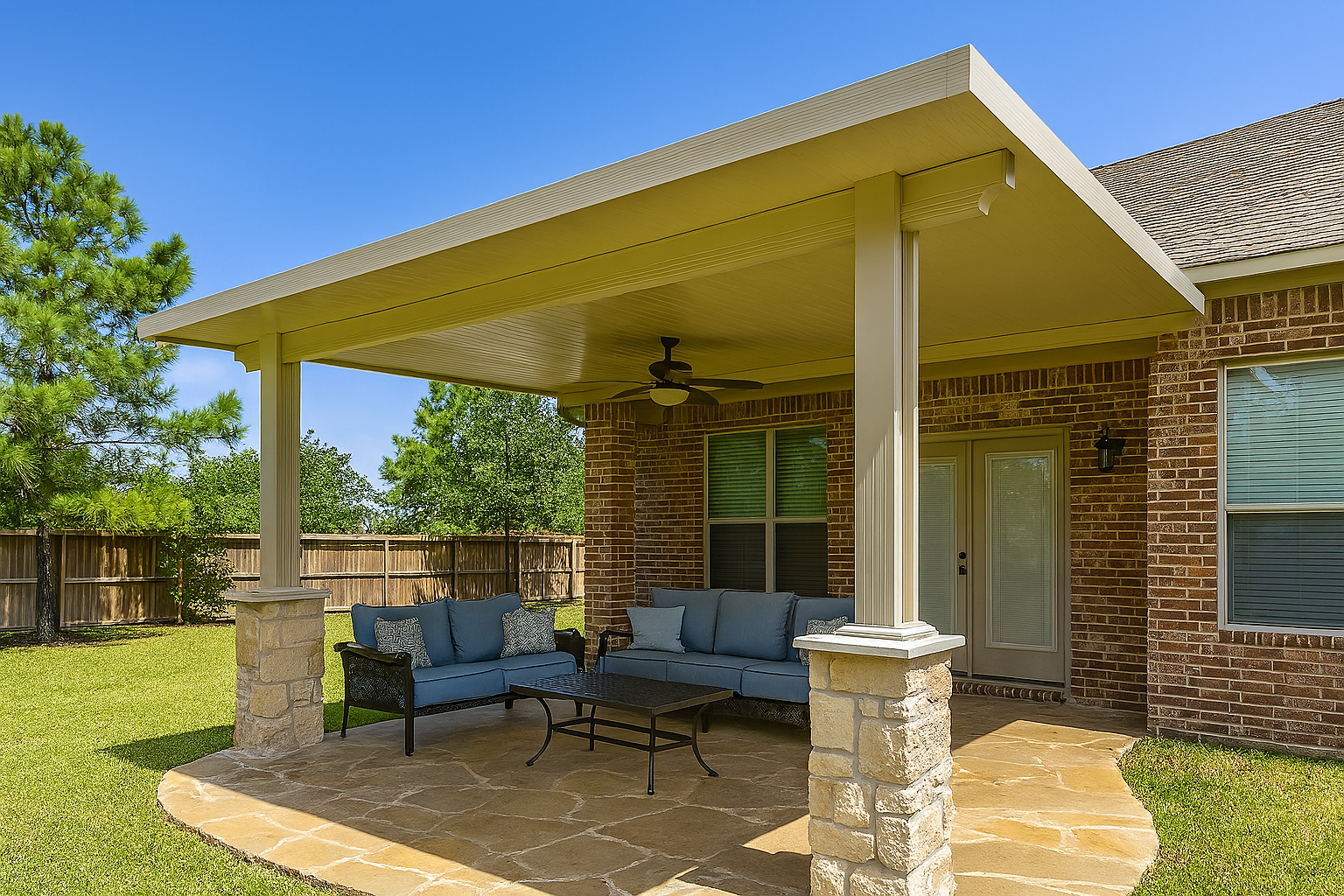 Completed patio cover built by Lone Star Patio Builders in Sugar Land, Texas