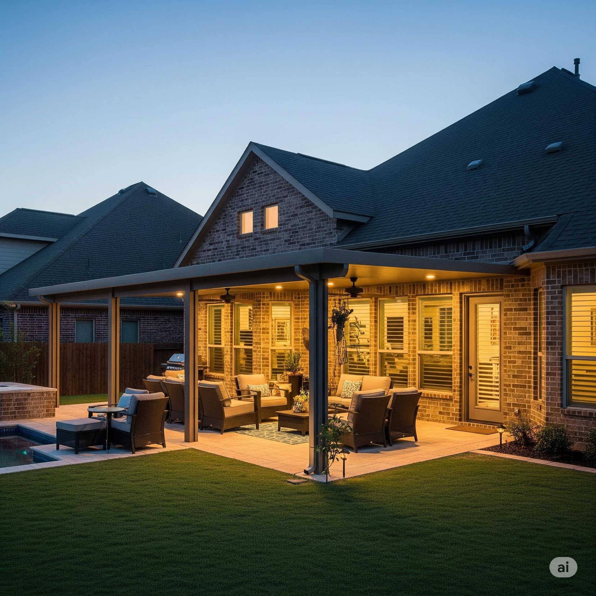Modern covered patio in Sugar Land, TX with recessed lighting and decorative stone columns.