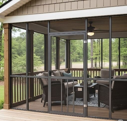 Screened-in patio with aluminum roof and mosquito-resistant mesh