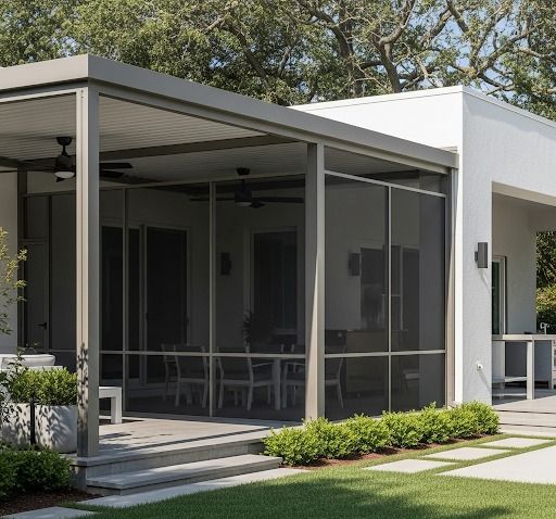 Custom-built patio cover in Katy, TX featuring durable aluminum roofing and stylish wood accents.