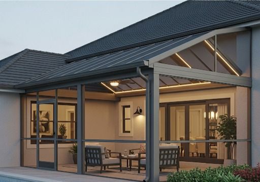 Spacious covered patio in Houston, TX with integrated lighting and ceiling fan for outdoor comfort.