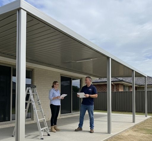 A man and a woman are standing under a metal patio cover.