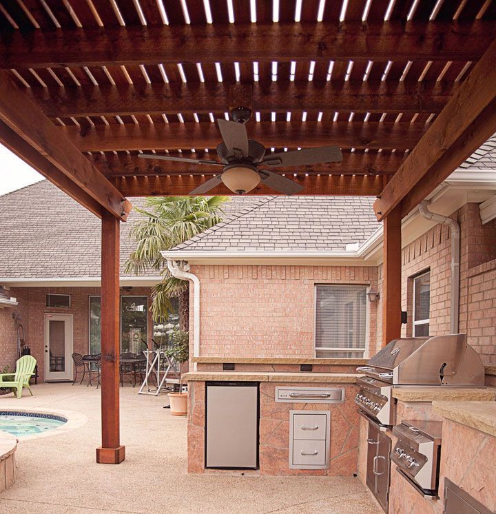 A custom patio cover protecting an outdoor kitchen in Waller, TX.