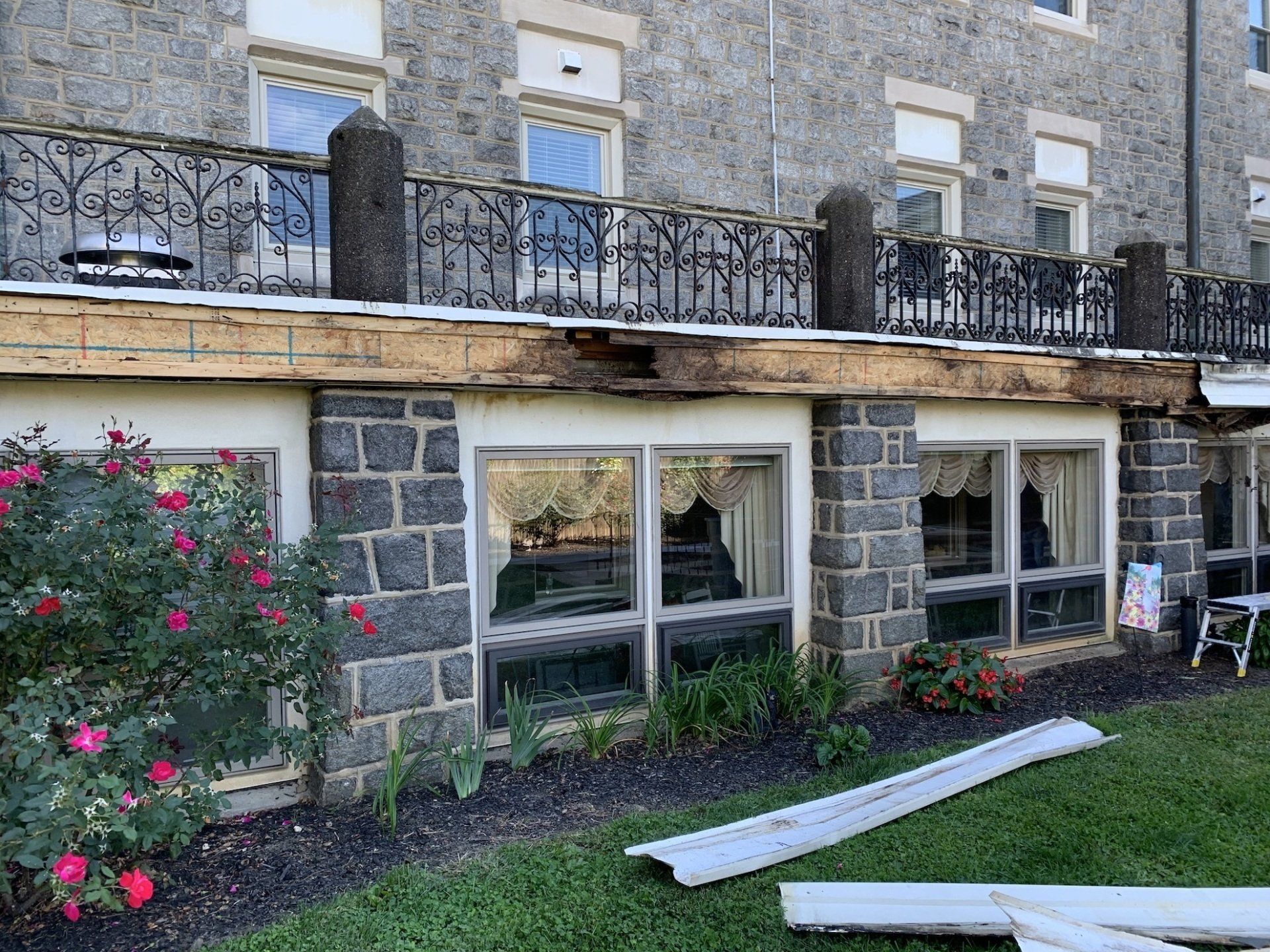 renovation of elevated deck and railing in progress new wood beam