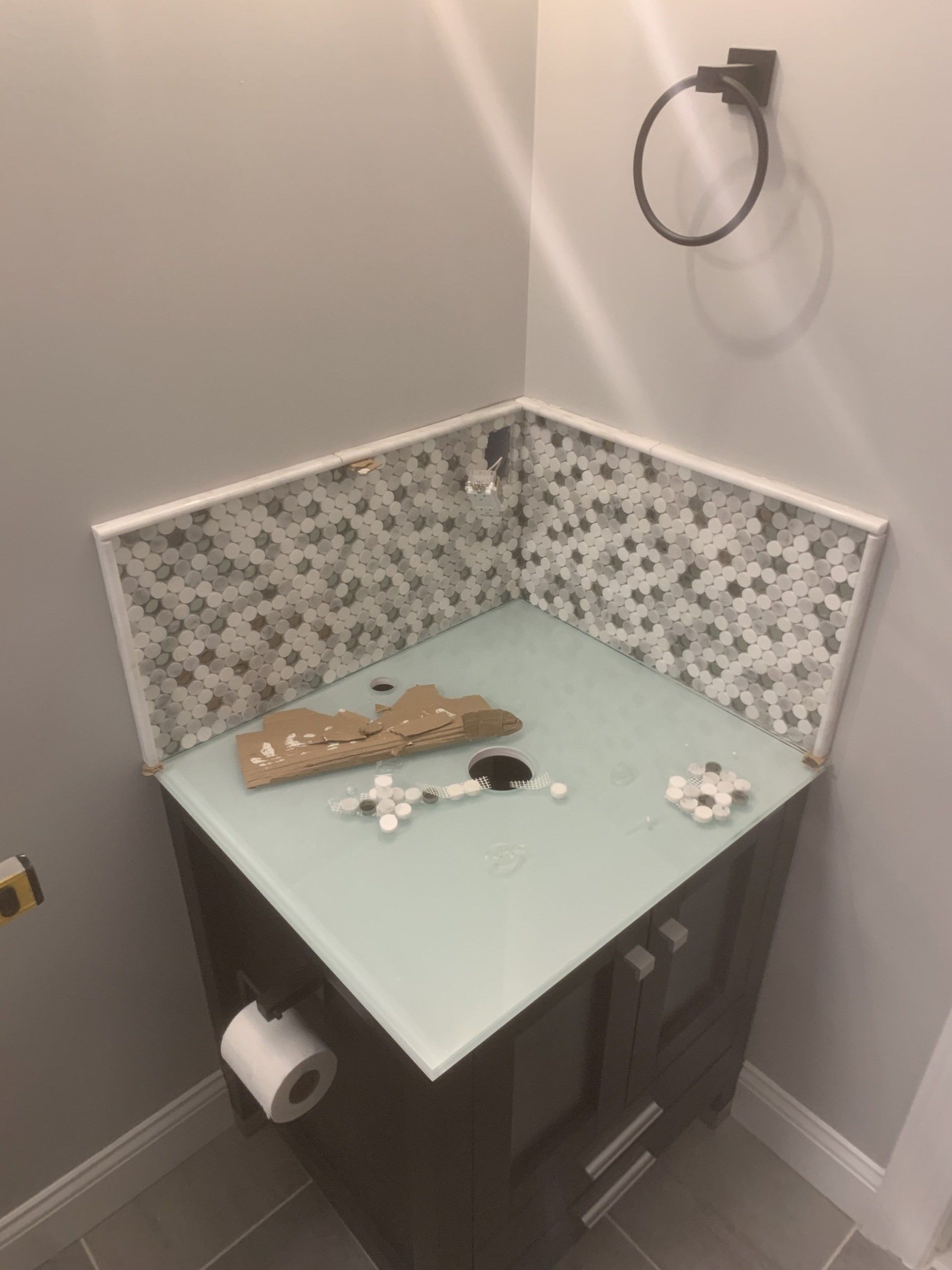 bathroom remodel in progress adding new sink and cabinet