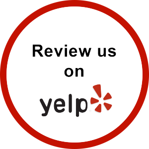 A circular red-bordered icon with the text 