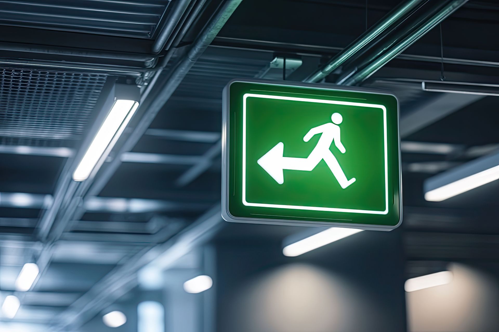 Green illuminated exit sign showing a running person with an arrow pointing left, hanging from a ceiling.