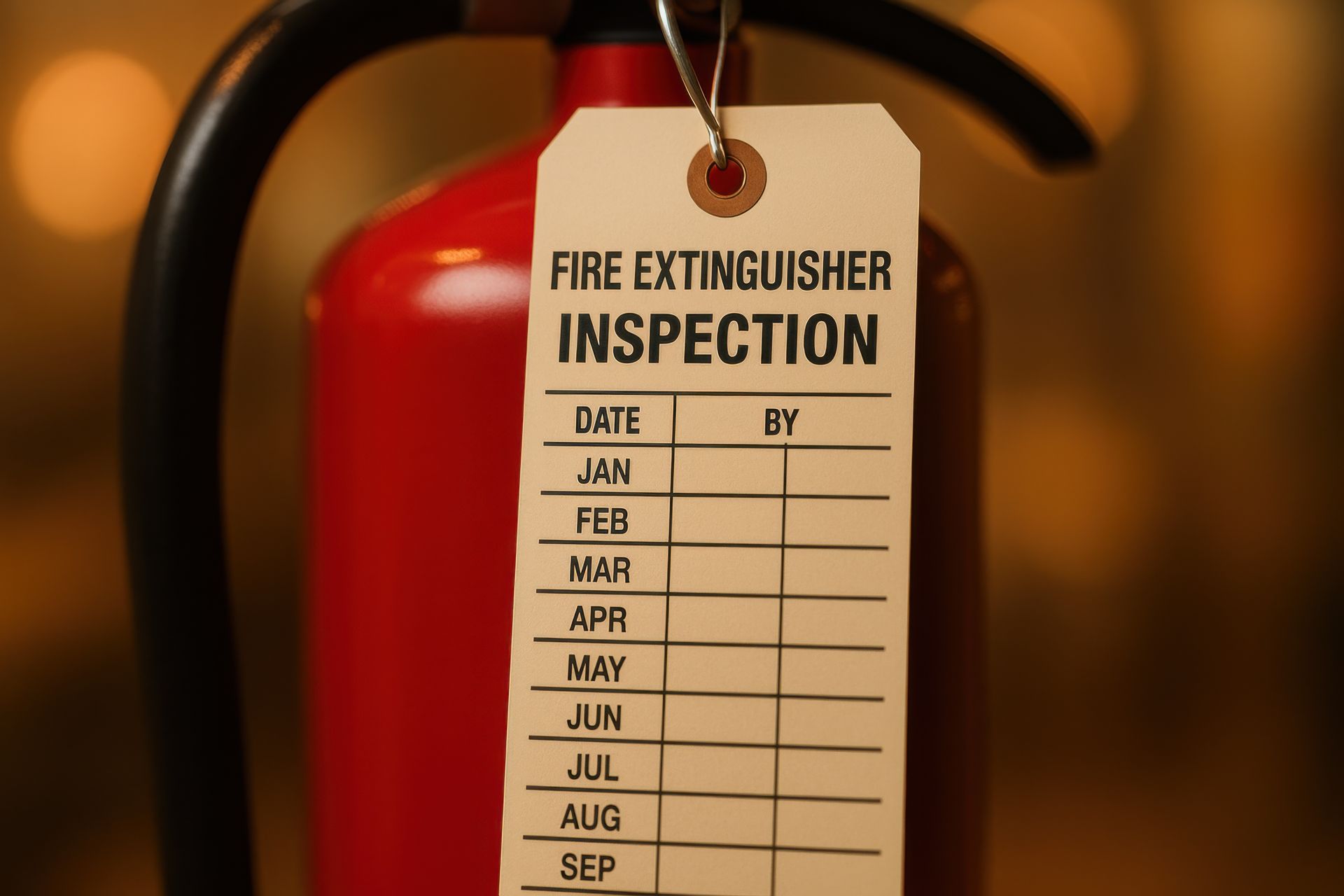 Red fire extinguisher with inspection tag; white tag lists months for inspection dates.