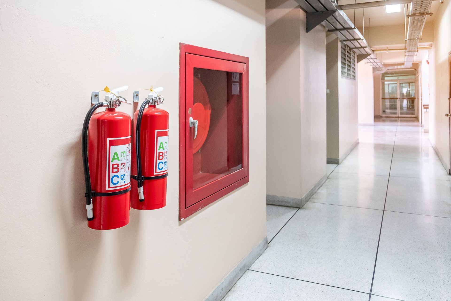 Two red fire extinguishers and a fire hose cabinet on a beige hallway wall.