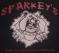 Sparkey's Fire Extinguisher & Systems Sparkey's Fire Extinguisher & Systems logo. Bulldog in tattered frame, snarling, with collar. Red text on black.