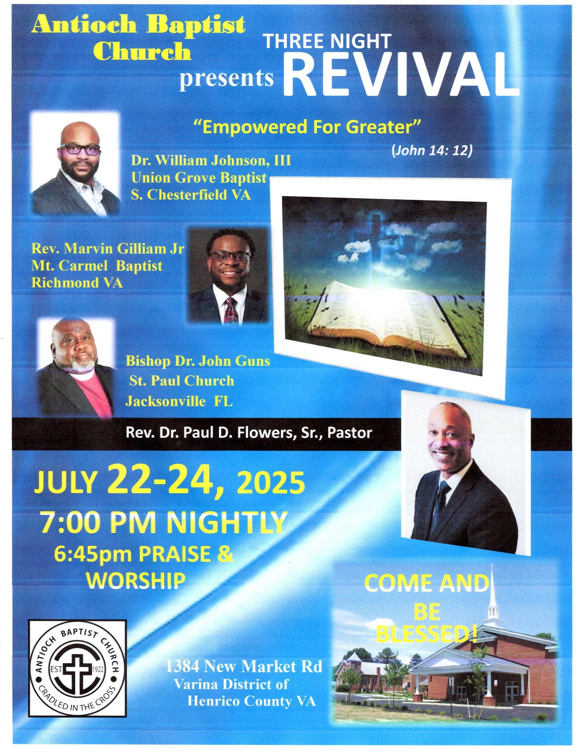An advertisement for Revival at Antioch Baptist Church July 22-24 7pm nightly