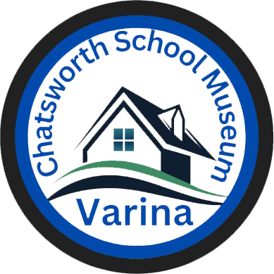 A logo for chatsworth school museum varina with a house in the center