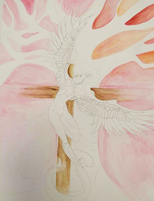 Abstract white-winged figure amid soft pink and peach floral background