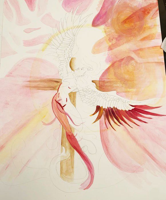 Abstract watercolor of a white bird with red and pink wings on a soft peach background