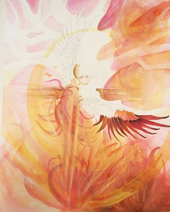 Abstract watercolor of a glowing winged figure in warm pink, orange, and gold tones